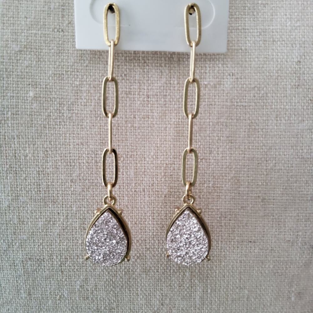 Faux Druzy Long Dangle Teardrop Gold Tone Chain Detail Earrings